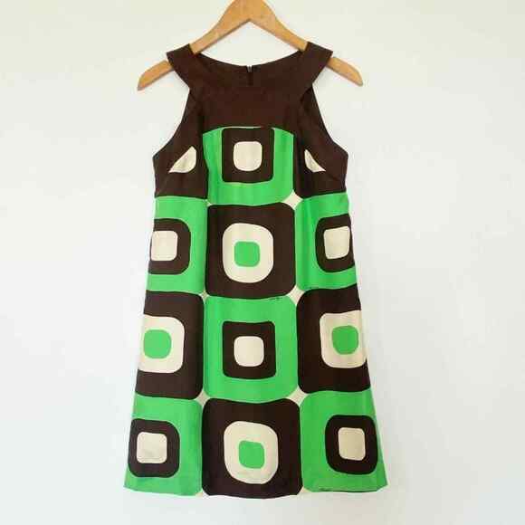 Milly New York Silk Green Brown Geometric Silk Print Shift Mini Dress - Picture 2 of 14